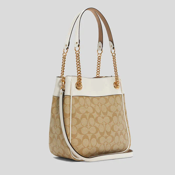 Coach Cammie Chain Bucket Bag In Signature Canvas Light Khaki/Chalk