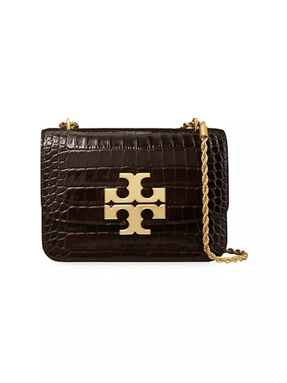 Tory Burch Large Eleanor Croc-Embossed leather Convertible Shoulder Bag in Dark Mahagony