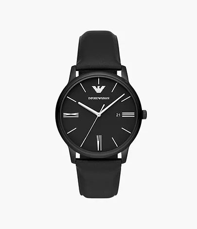 Emporio Armani Three-Hand Date Black Leather Watch| AR11573| 42mm |