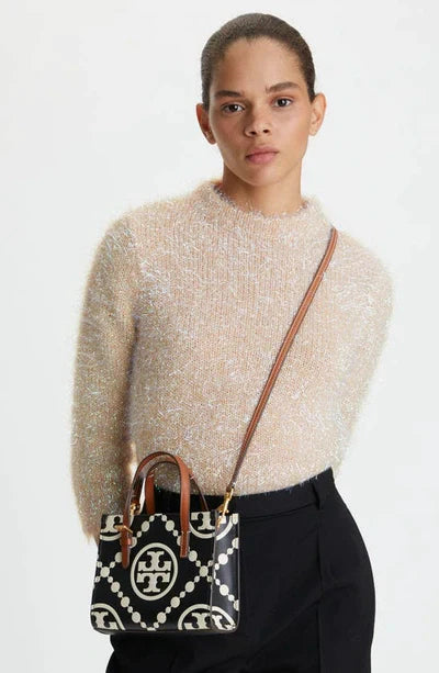 Tory Burch Mini T Monogram-embossed Leather Tote Bag In Black