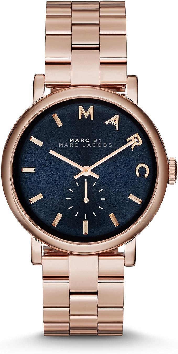 Marc Jacobs Women's Quartz Watch with Blue Dial Analogue Display and Rose Gold Stainless Steel Bangle MBM3330