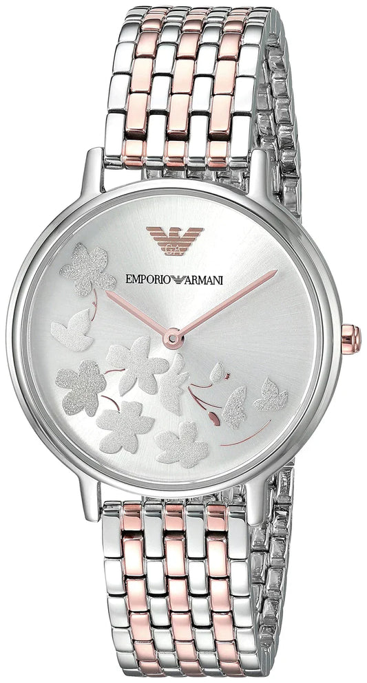 Emporio Armani - Women's Armani Silver Sunray Dial with applied floral design and Two-Tone Seven-Link bracelet AR11113