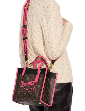 Coach Field Tote In Signature Canvas With Horse And Carriage Print Bag Small - Pink