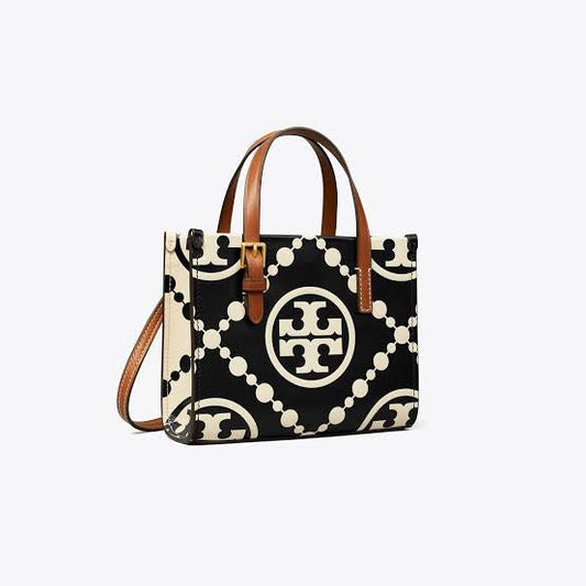 Tory Burch Mini T Monogram Contrast Leather Tote in Black