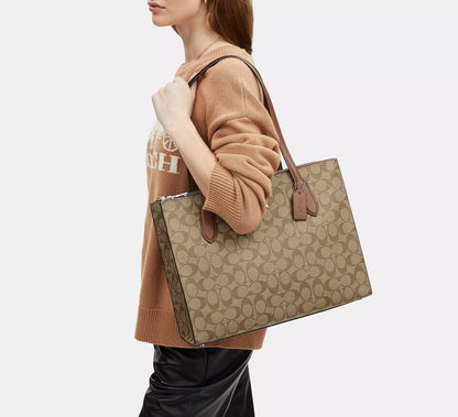 Coach Nina Tote in Signature Canvas Silver/Khaki Saddle