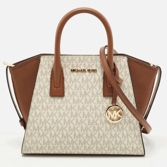 Michael Kors Signature Coated Canvas and Leather Avril Satchel (Brown/Off White)