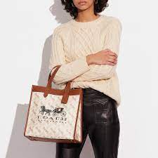 Coach Cream Square Field Tote With Horse And Carriage Print And Carriage Badge