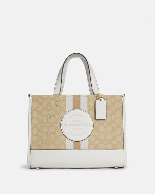 Coach Dempsey Carryall Tote Signature Khaki White Jacquard Stripe Patch Bag