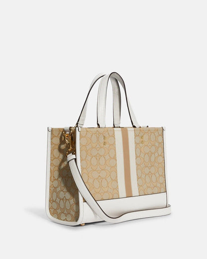 Coach Dempsey Carryall Tote Signature Khaki White Jacquard Stripe Patch Bag